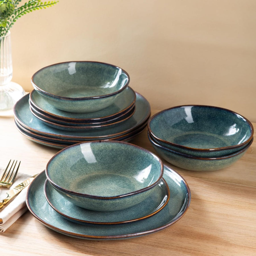 18pc Stoneware Dinnerware Set Reactive Blue Plates Bowls Dishwasher Safe