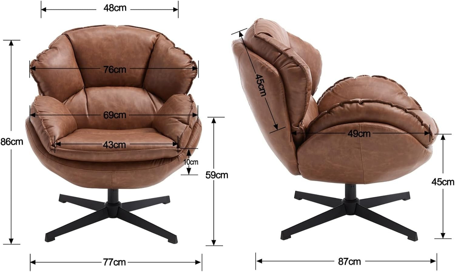 Brown PU Leather Swivel Accent Chair 360° Tub Armchair Reading Seat