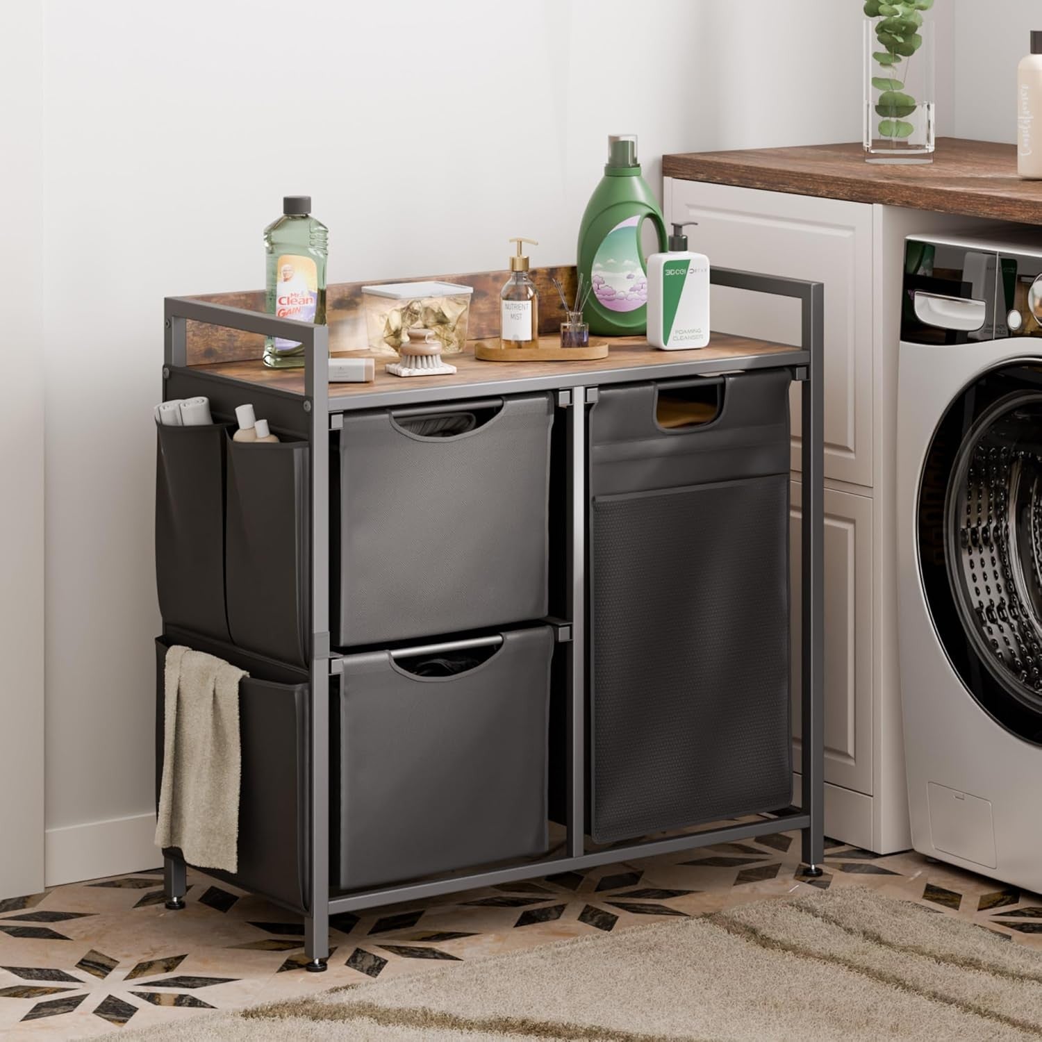 100L 3-Compartment Laundry Hamper with Wheels Rustic Top Removable Bags