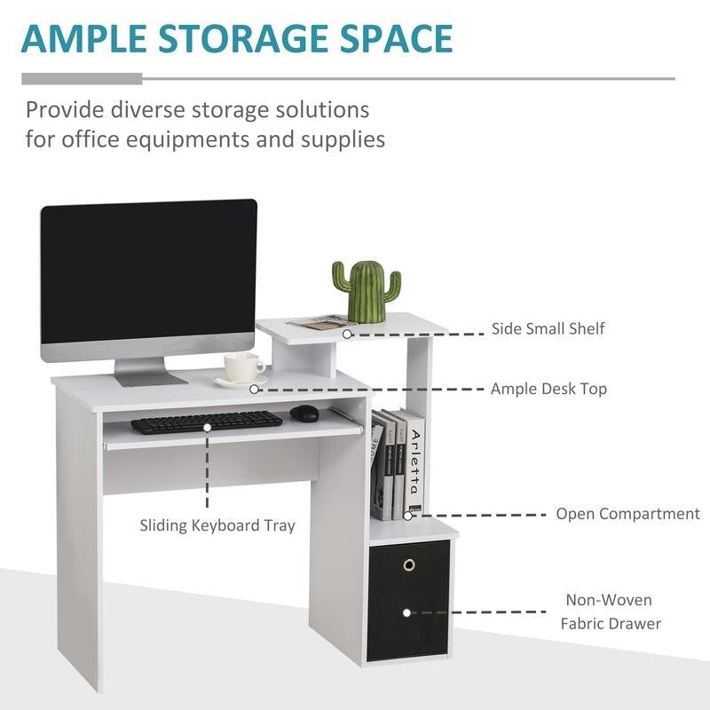 White Computer Desk w/ Keyboard Tray & Drawer Home Office Study Workstation