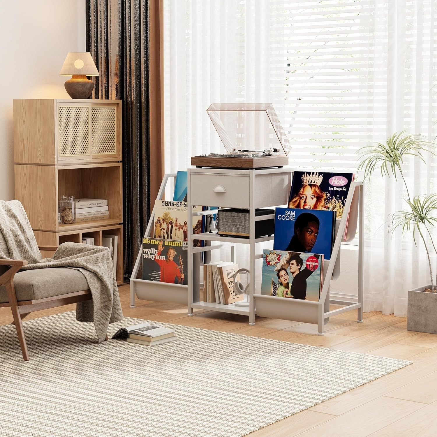 Vinyl Record Player Stand Storage Cabinet Holds 280 Albums White