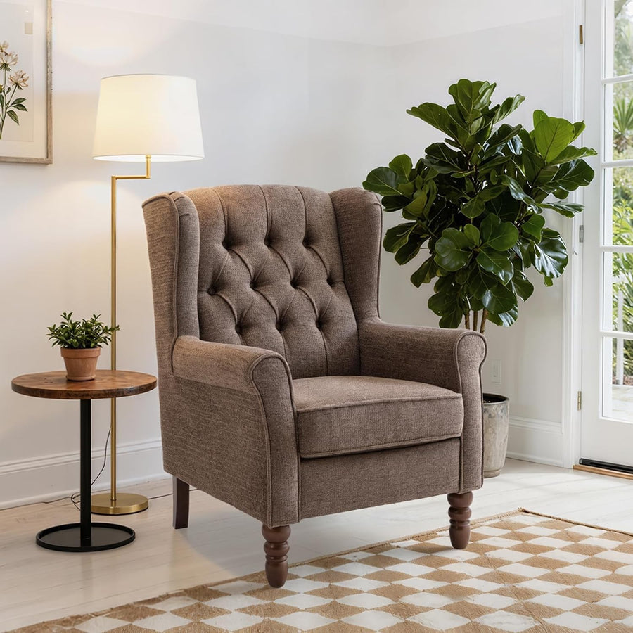 Mid‑Century Modern Wingback Accent Chair – Brown Upholstered Armchair