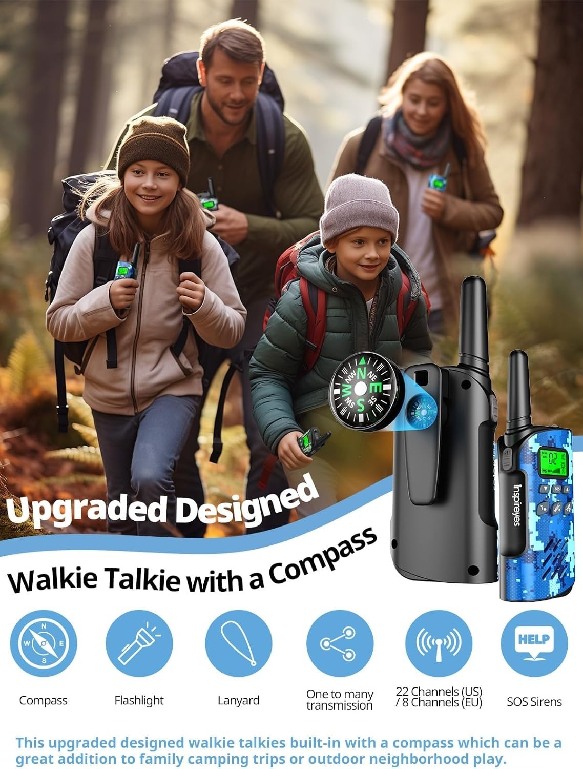 Kids Rechargeable Walkie Talkies 2 Pack 22CH Long Range Compass VOX
