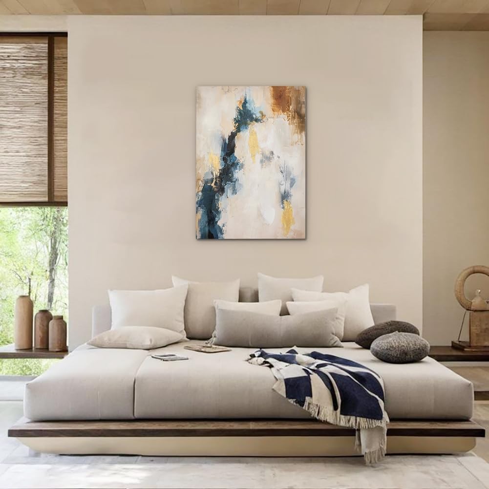 Abstract Blue Gold Canvas Wall Art 70x50cm Textured Framed