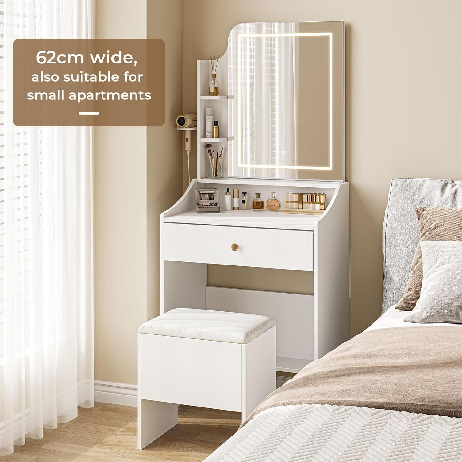 Vanity Dressing Table RGB LED Lights Wireless Charging Glass Top 6 Drawers & Sto