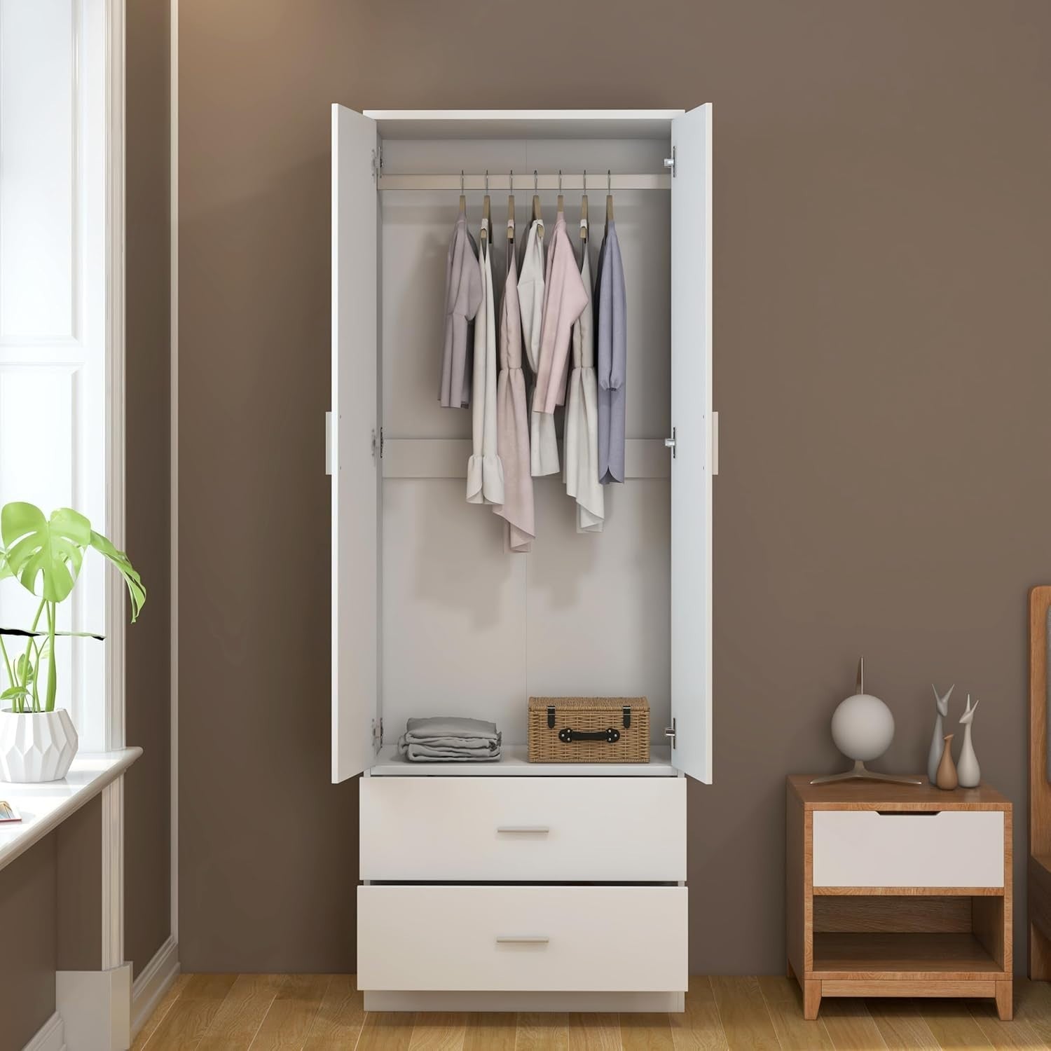 Mirrored 2 Door Wardrobe with Hanging Rail & Drawers - Sturdy, Modern Storage