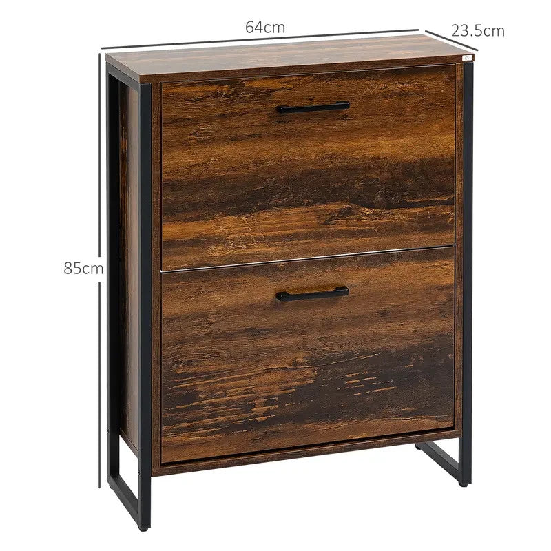 Industrial Shoe Cabinet with 2 Flip Drawers | Slim Rustic Storage Unit