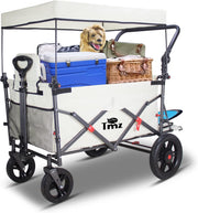 Folding Wagon w/ 2 Seats Removable Canopy 120kg Load Garden Cart Brake Beige