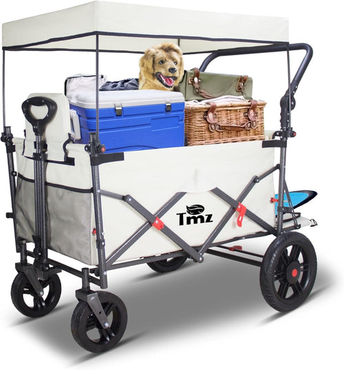 Folding Wagon w/ 2 Seats Removable Canopy 120kg Load Garden Cart Brake Beige