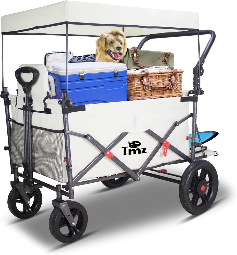 Folding Wagon w/ 2 Seats Removable Canopy 120kg Load Garden Cart Brake Beige