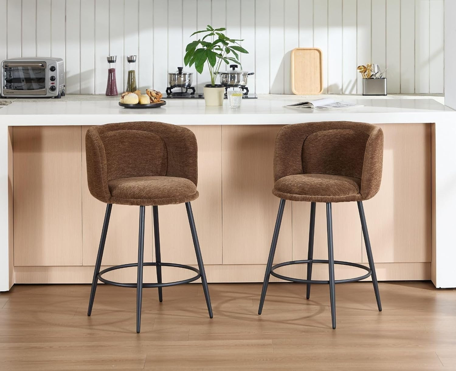 Counter Bar Stools Set of 2 | Brown Chenille L-Shaped Dining Chairs