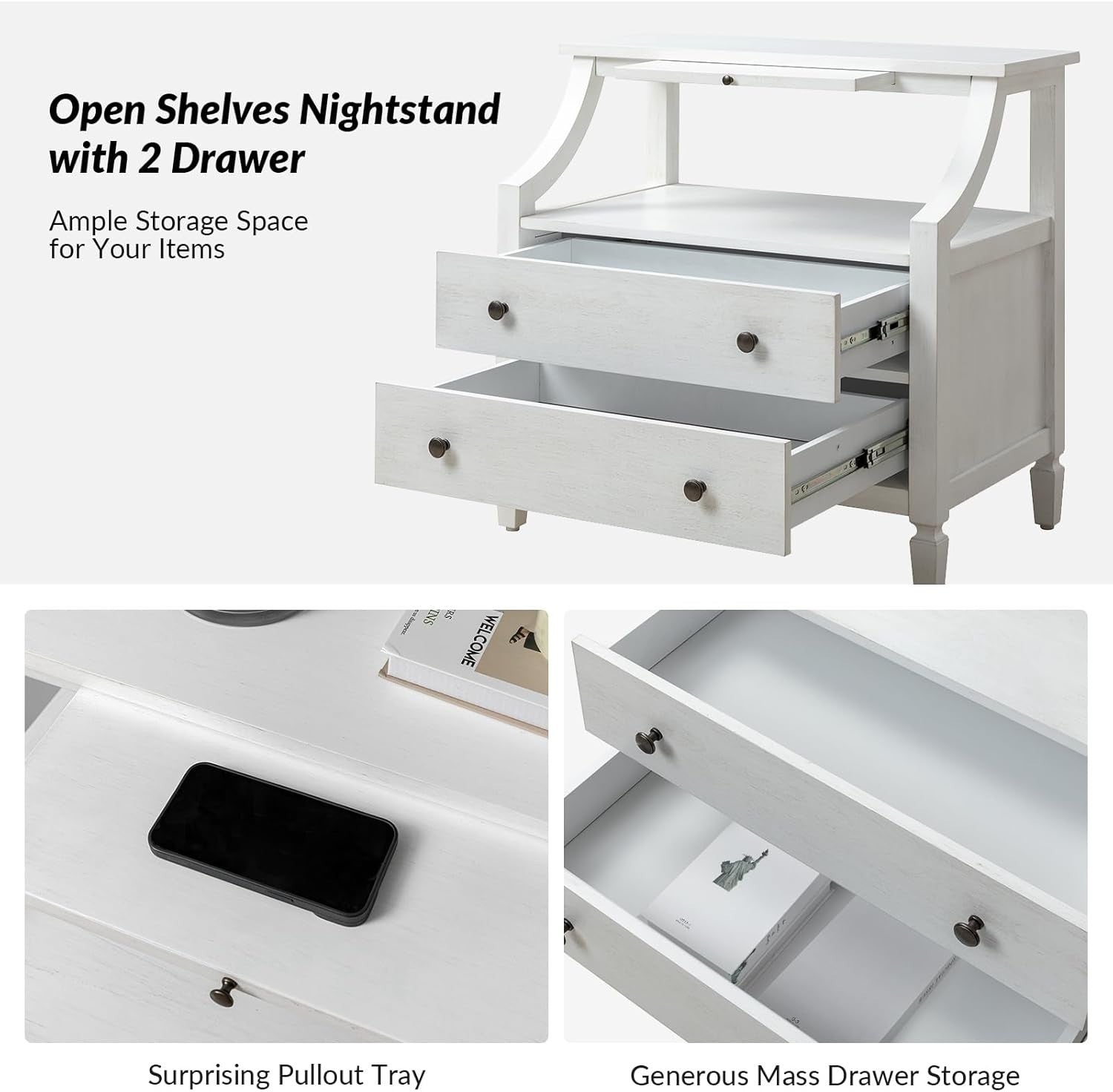 White Modern Bedside Table with 2 Drawers & Shelf, Solid Wood Legs