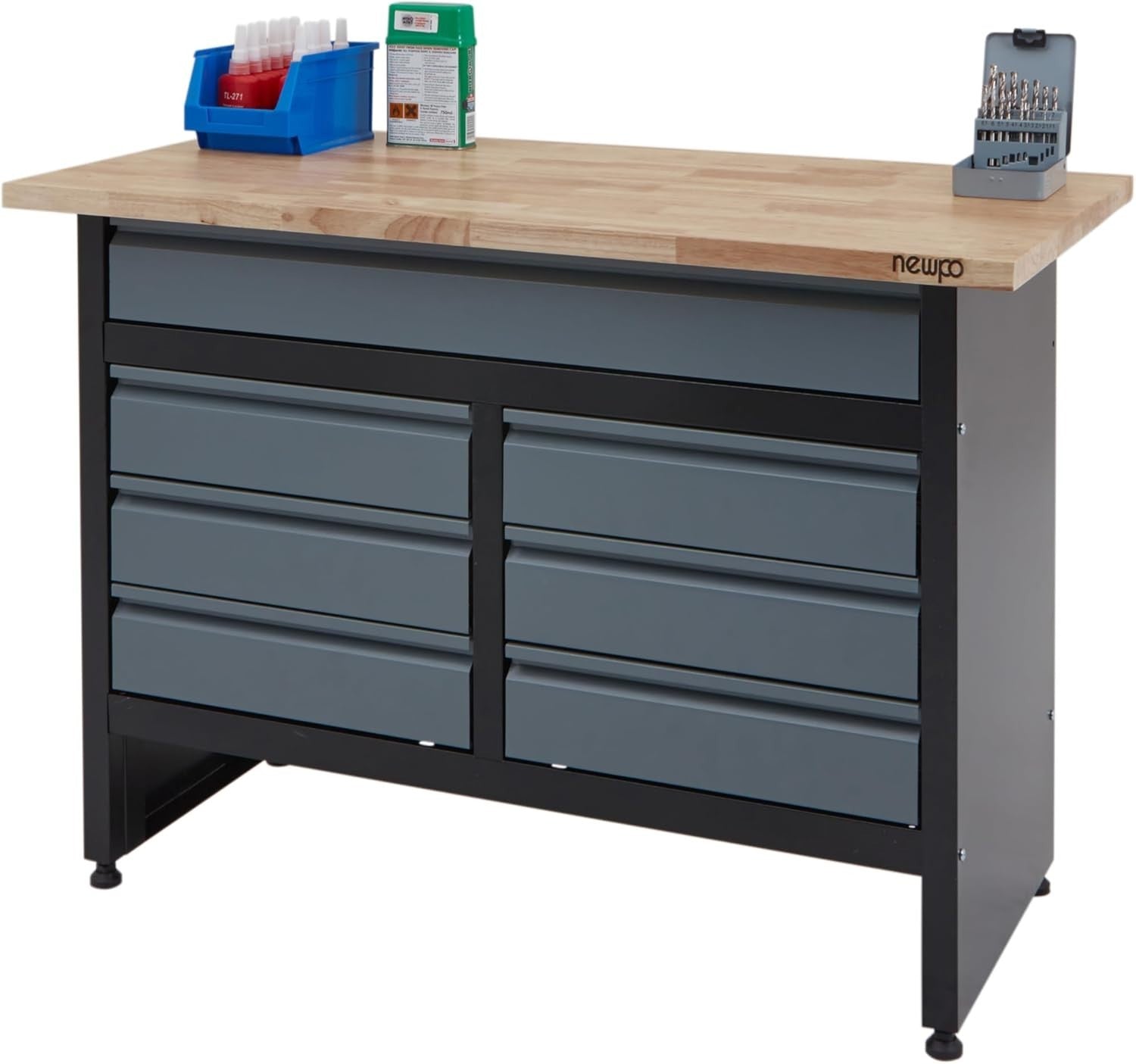120cm Garage Workbench with 7 Drawers 300kg Load Solid Wood Top Black/Grey