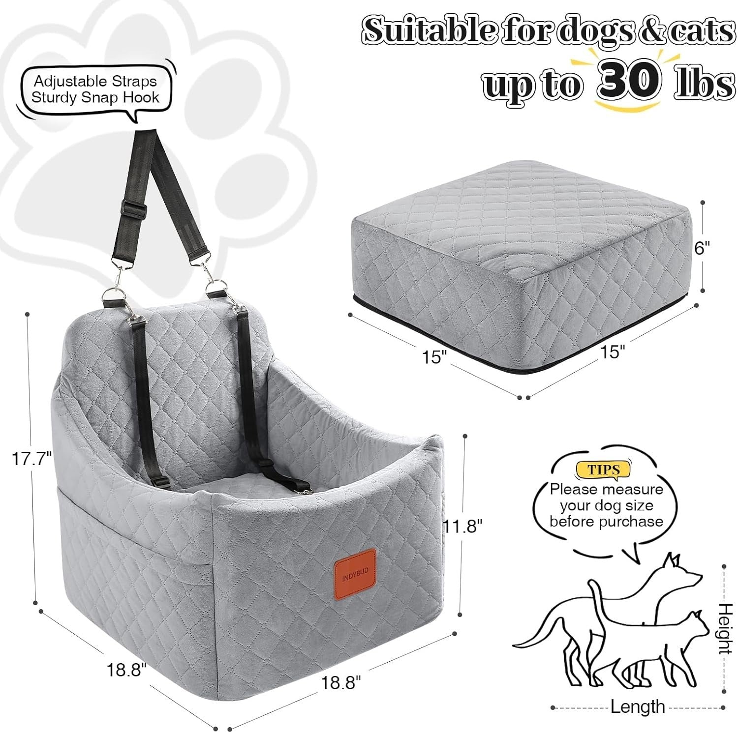 Dog Booster Car Seat Memory Foam Travel Bed Washable Cover 35lb Grey
