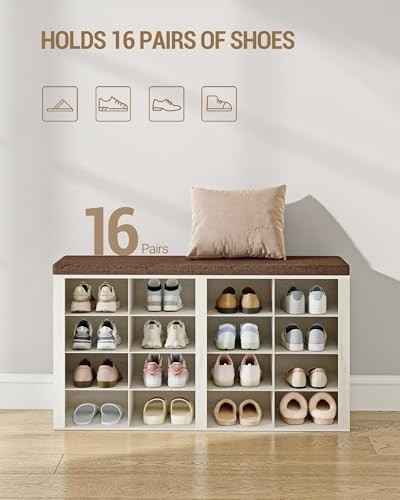 White & Brown Shoe Storage Bench with Cushion & 16 Adjustable Compartments