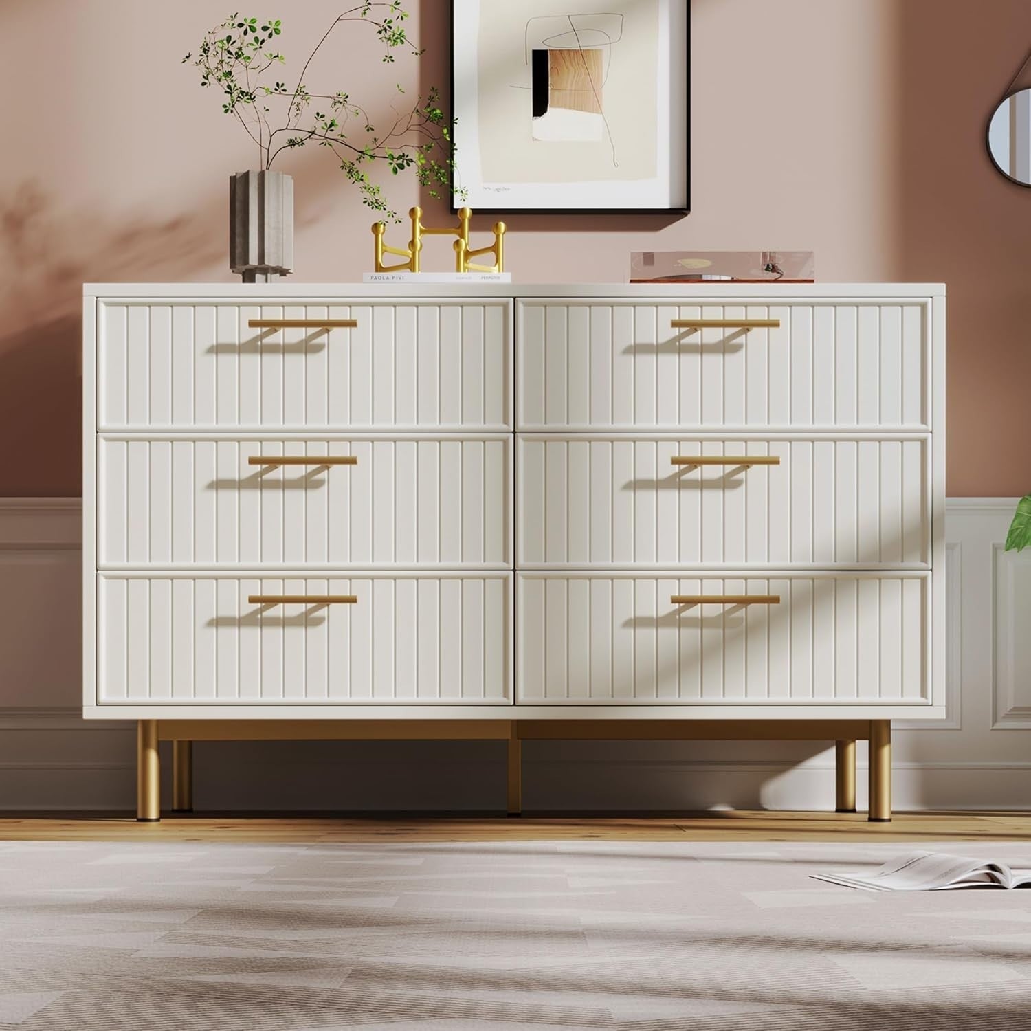 White Gold 6 Drawer Sideboard Cabinet Chest Modern Storage 120cm Wide