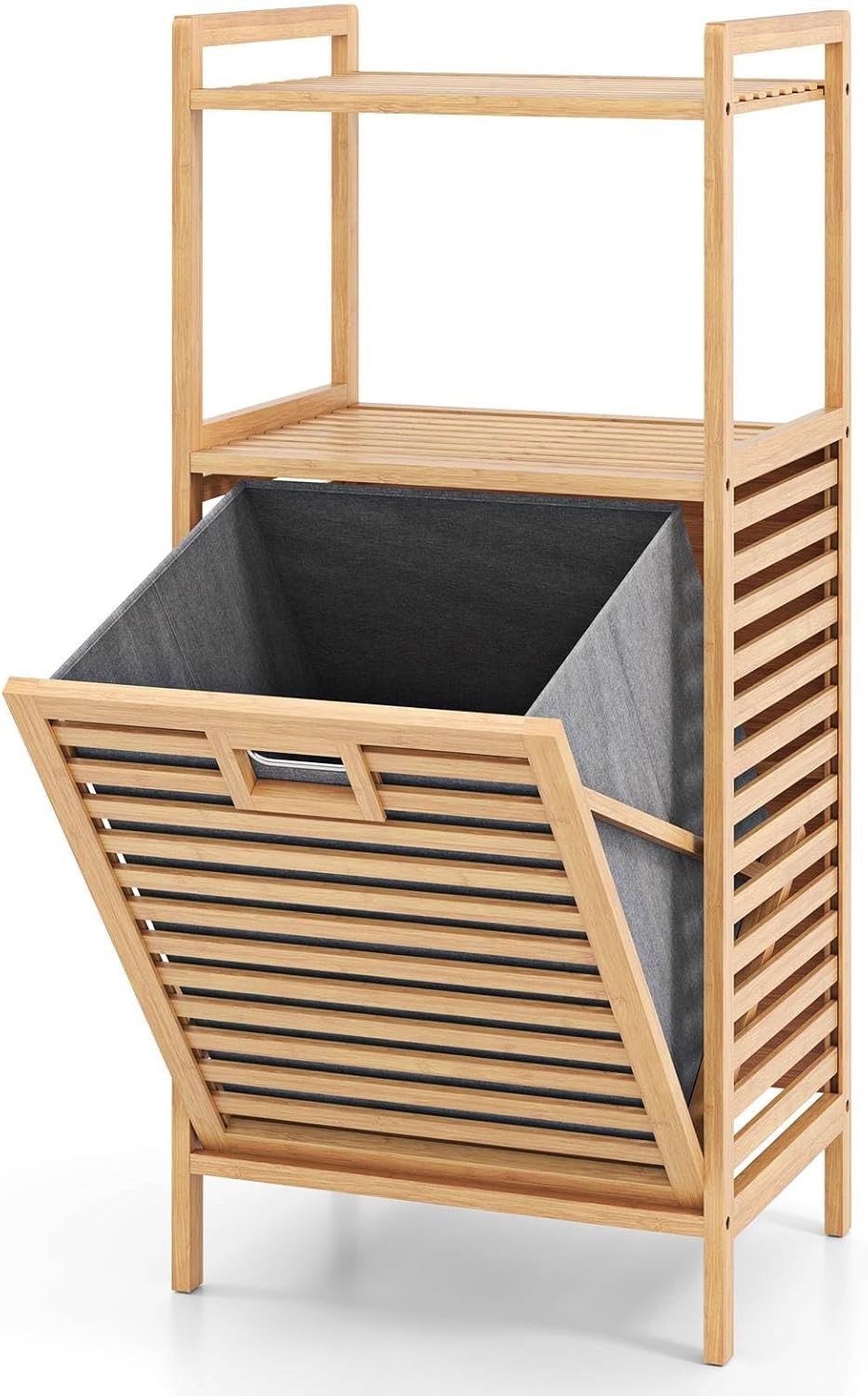 Bamboo Laundry Hamper Cabinet Tilt Out Storage Shelf with Removable Bag