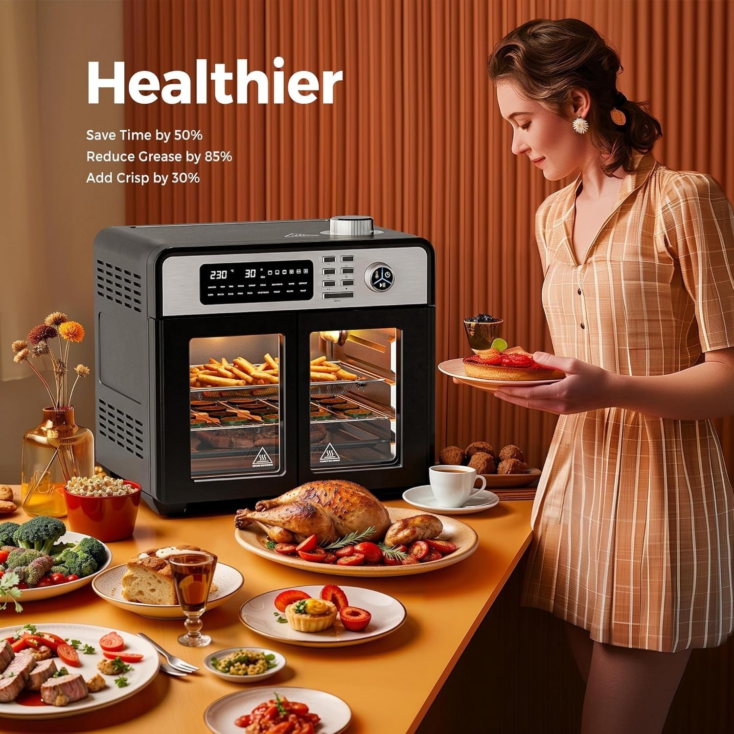 28L Air Fryer Oven Rotisserie 18-in-1 1700W Window Light 30-230C No Oil