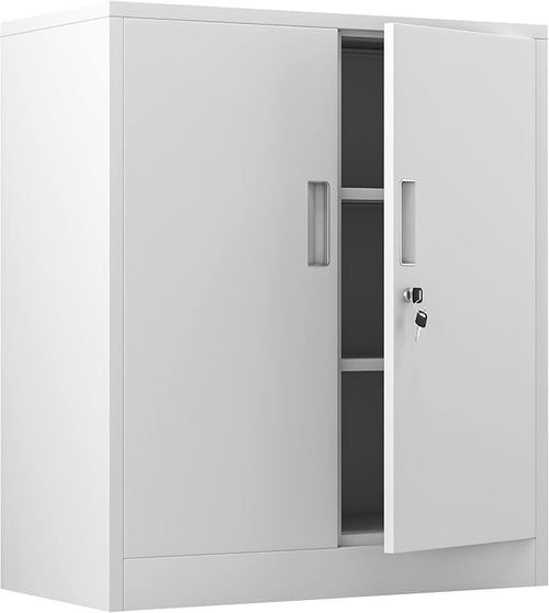 White Metal Storage Cabinet with Lock & Adjustable Shelves 92CM Office Cupboard