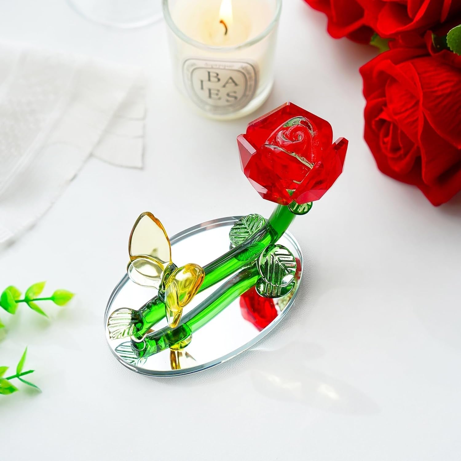 Crystal Red Rose Ornament with Butterfly • Glass Flower Gift • Romantic Decor