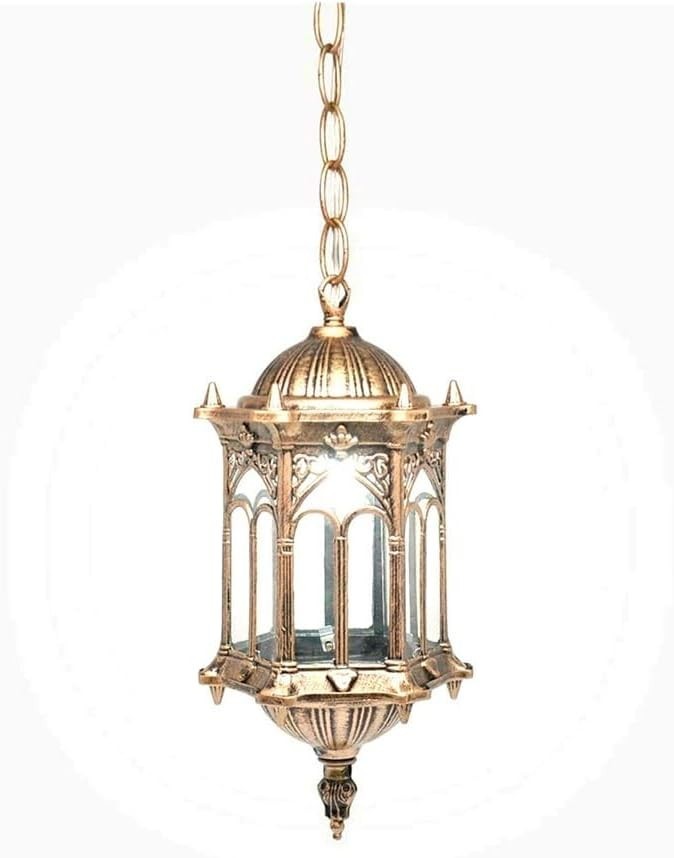 Vintage Outdoor Hanging Lantern, Antique Gold Waterproof Porch Light