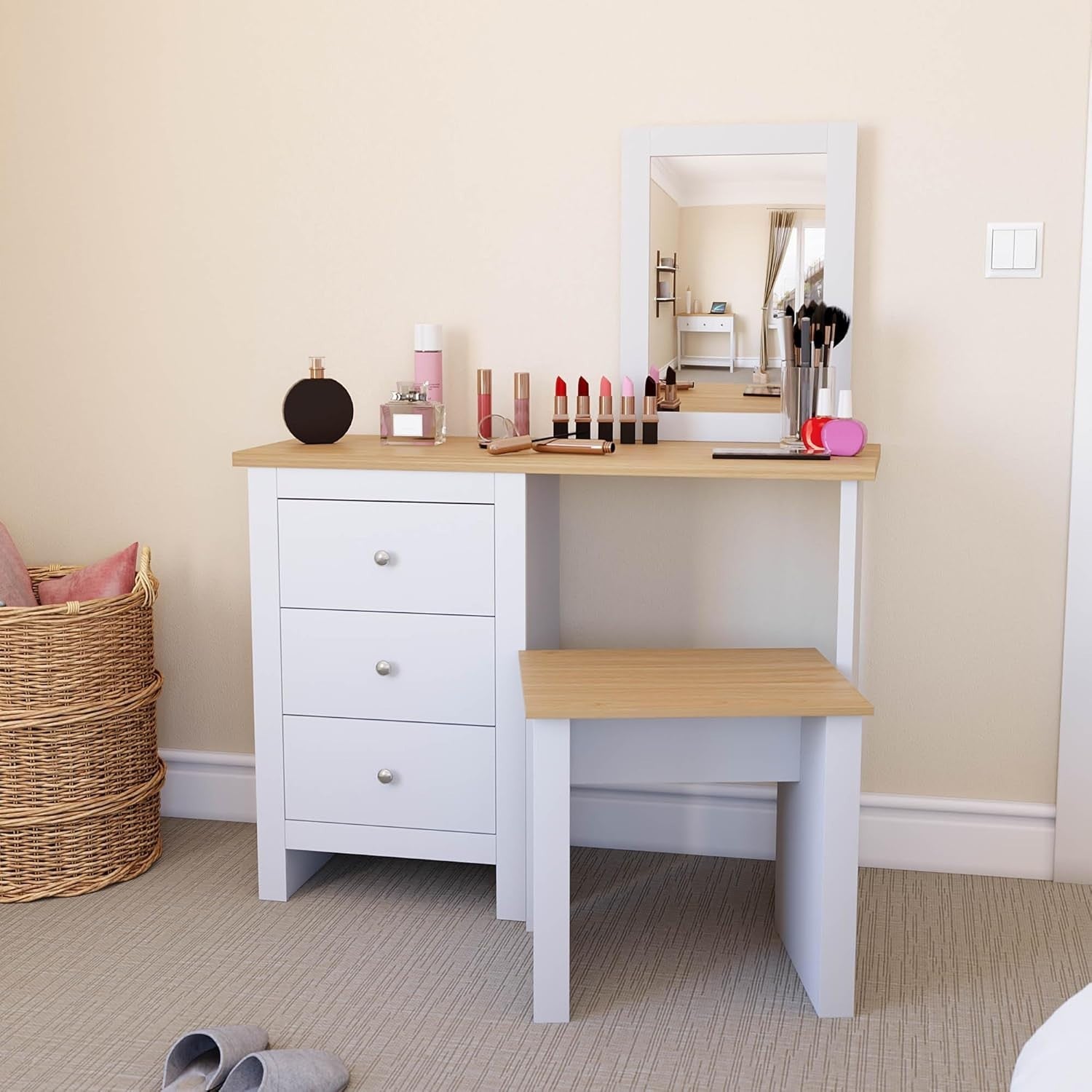 Modern Chest of 3 Drawers Storage Cabinet White & Oak Bedroom Furniture