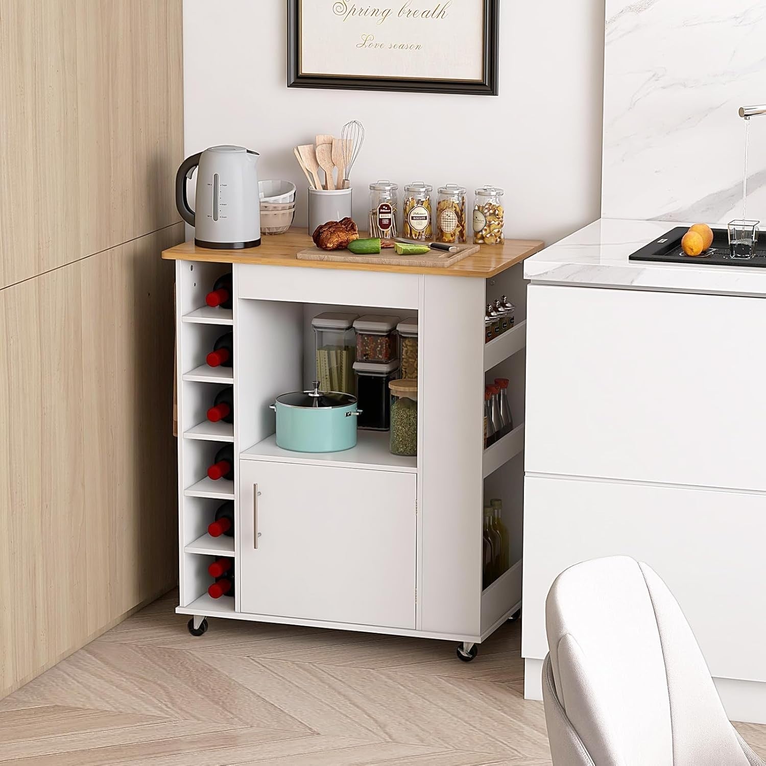 Kitchen Island Trolley on Wheels Bamboo Top Wine Rack