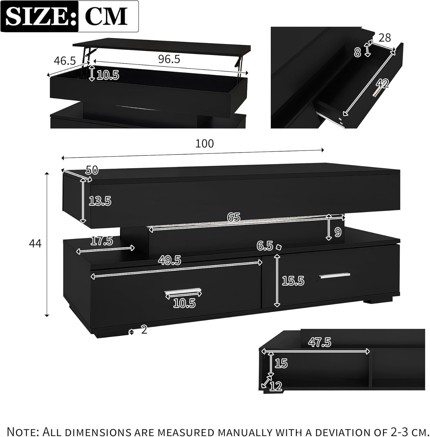 Modern LED Lift Top Coffee Table with Storage & Drawers, Adjustable Height