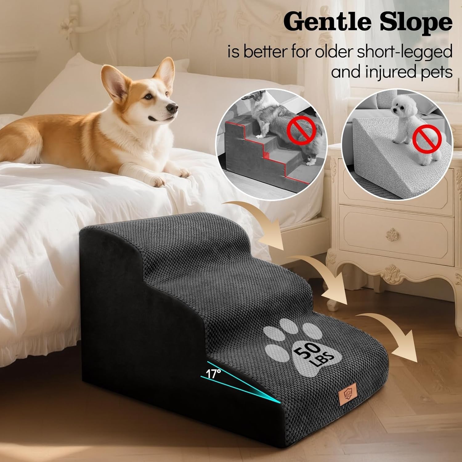 3 Step Dog Stairs Ramp for Sofa Bed Non Slip Washable Black 60x40x40cm