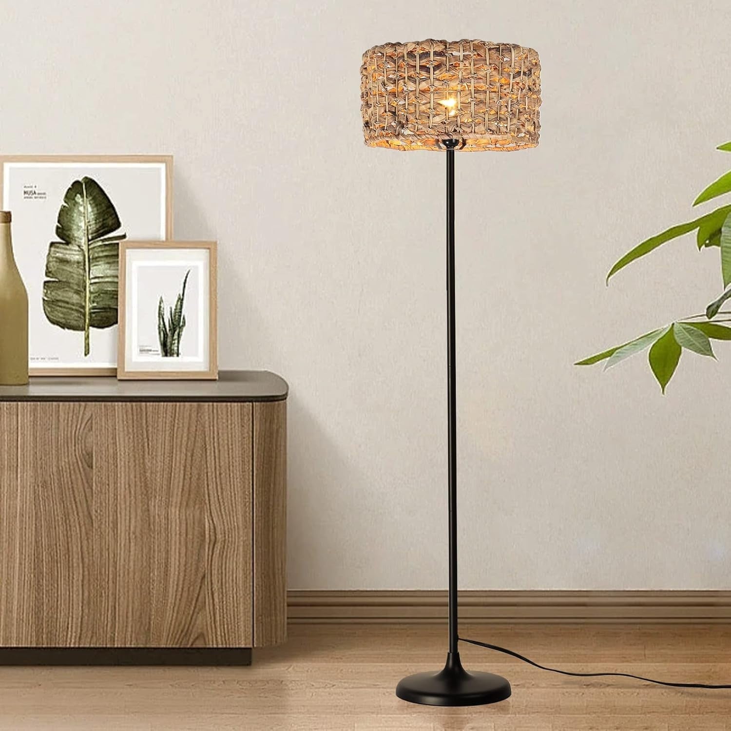 Industrial Boho Rattan Floor Lamp with Bamboo Shade & Foot Switch, 150cm