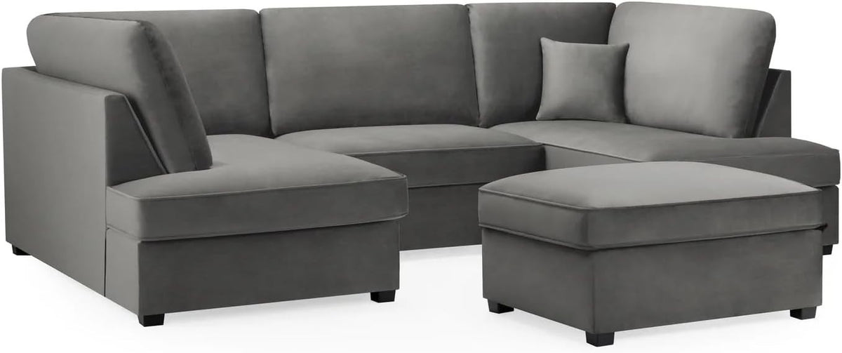 4PC U Shape Sofa with Footstool – Grey Plush  Sectional – 5/6 Seater Modular.