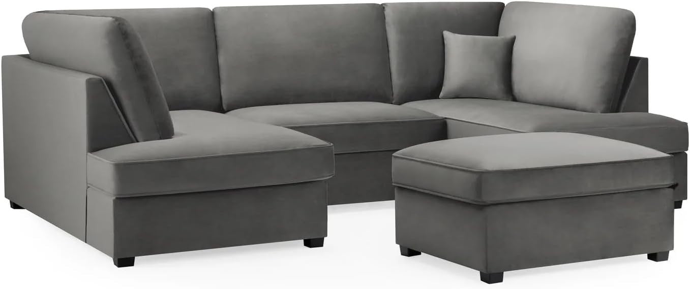 4PC U Shape Sofa with Footstool – Grey Plush  Sectional – 5/6 Seater Modular.