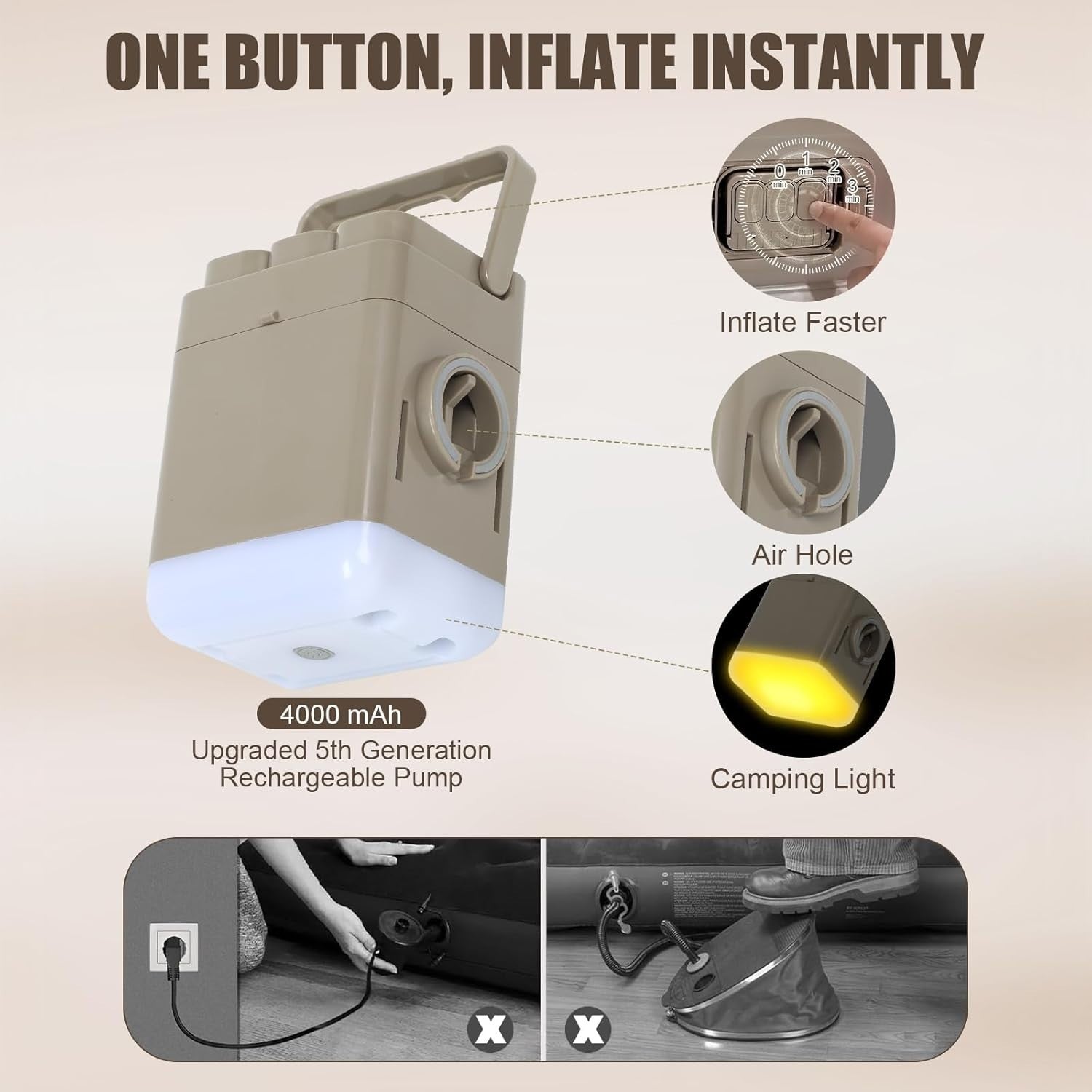 Single Inflatable Air Mattress w/ Built-in Pump & LED Camping Light