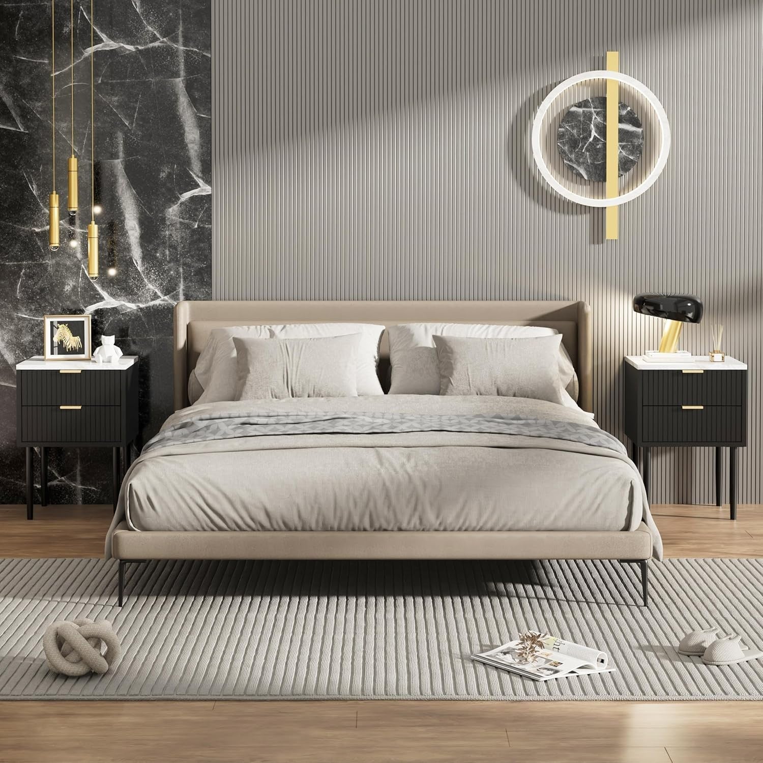 Set of 2 Marble Top Bedside Tables | Modern Black Nightstands with 2 Drawers