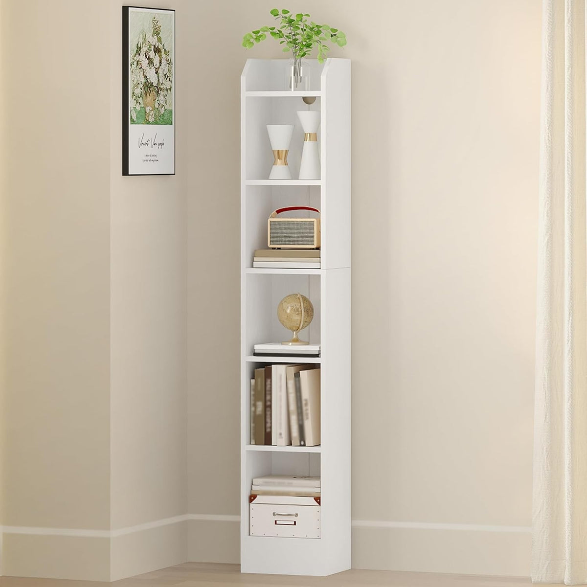 6 Tier Narrow Tall Bookcase White Wooden Adjustable Shelf Storage Unit