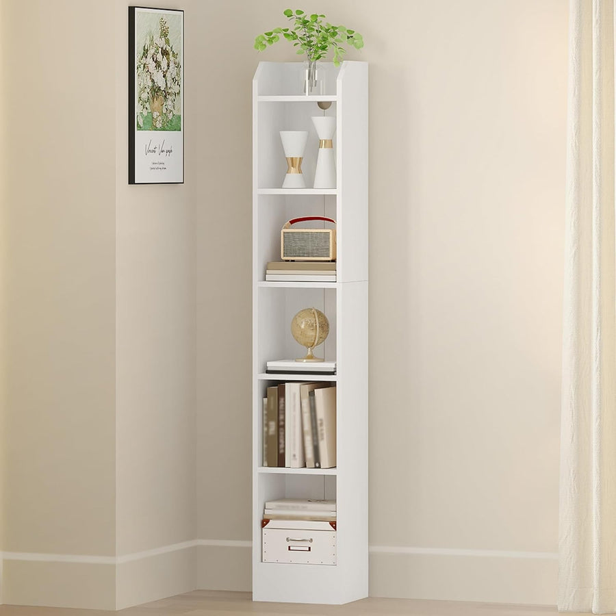6 Tier Narrow Tall Bookcase White Wooden Adjustable Shelf Storage Unit