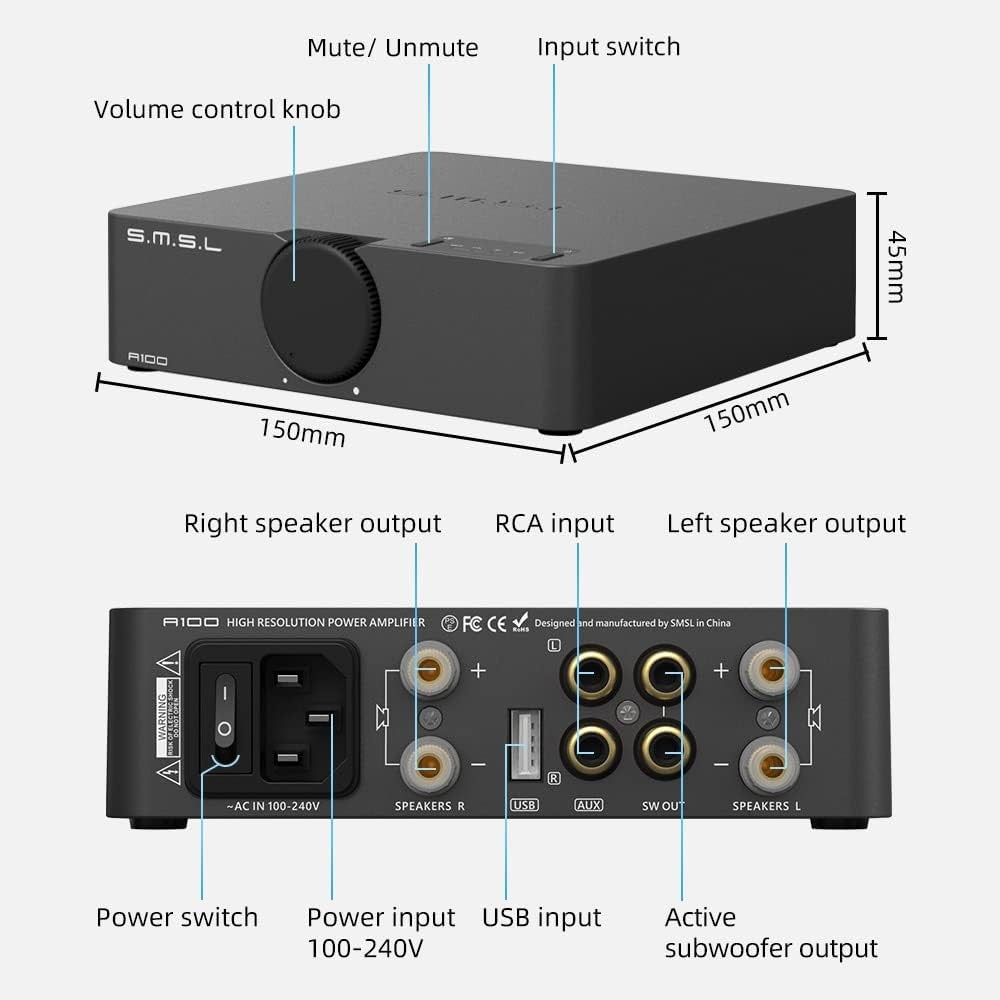 Bluetooth 5.0 Class D Stereo Amplifier 80Wx2 Mini HiFi Amp