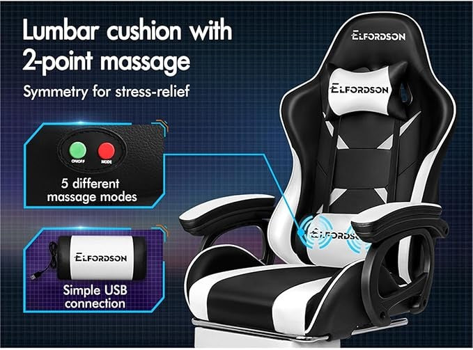 ELFORDSON Gaming Chair w/ 2-Point Massage Lumbar White