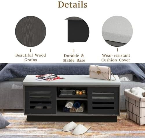 6-Compartment Grey Shoe Bench with Cushion & Adjustable Shelves for Home