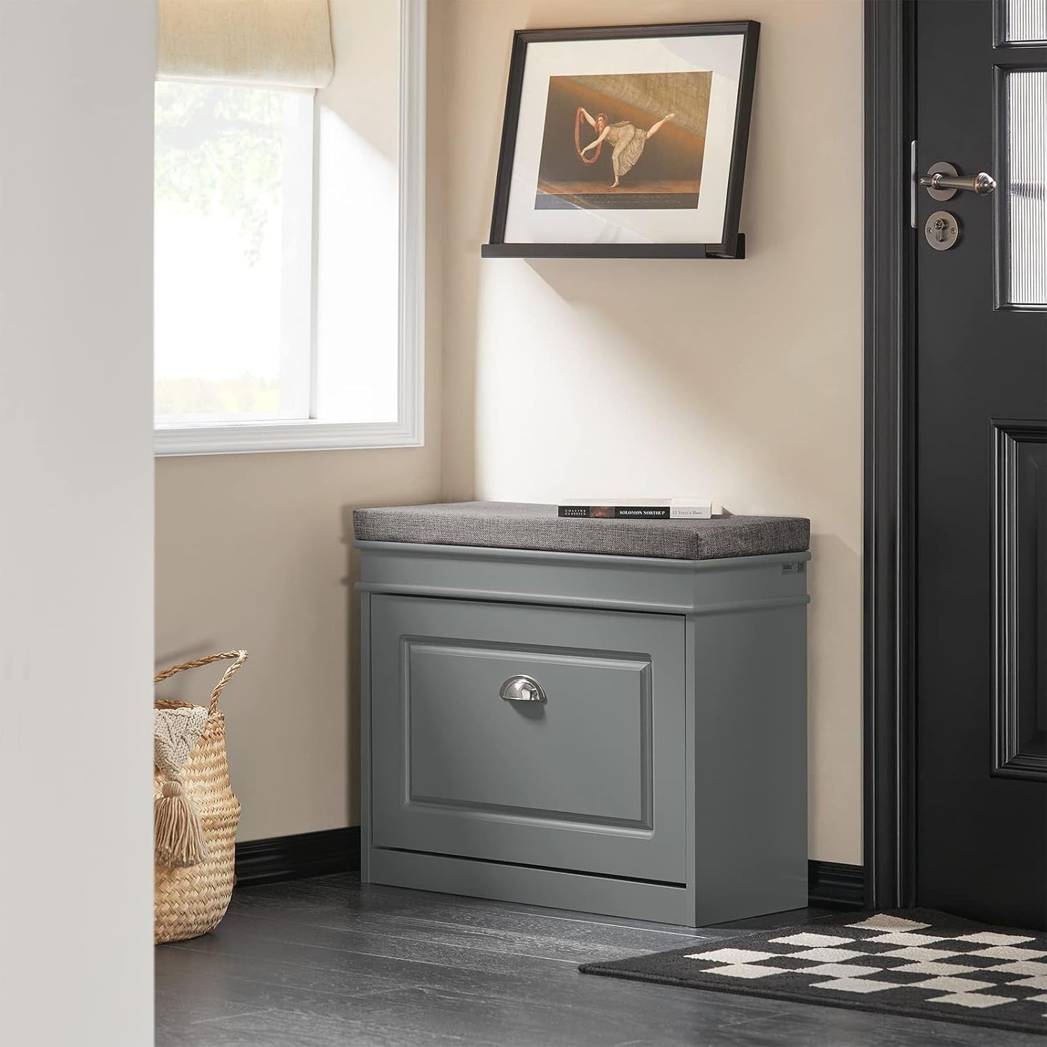Narrow Shoe Storage Bench with Flip Drawer & Grey Cushion, 61x24x51 cm