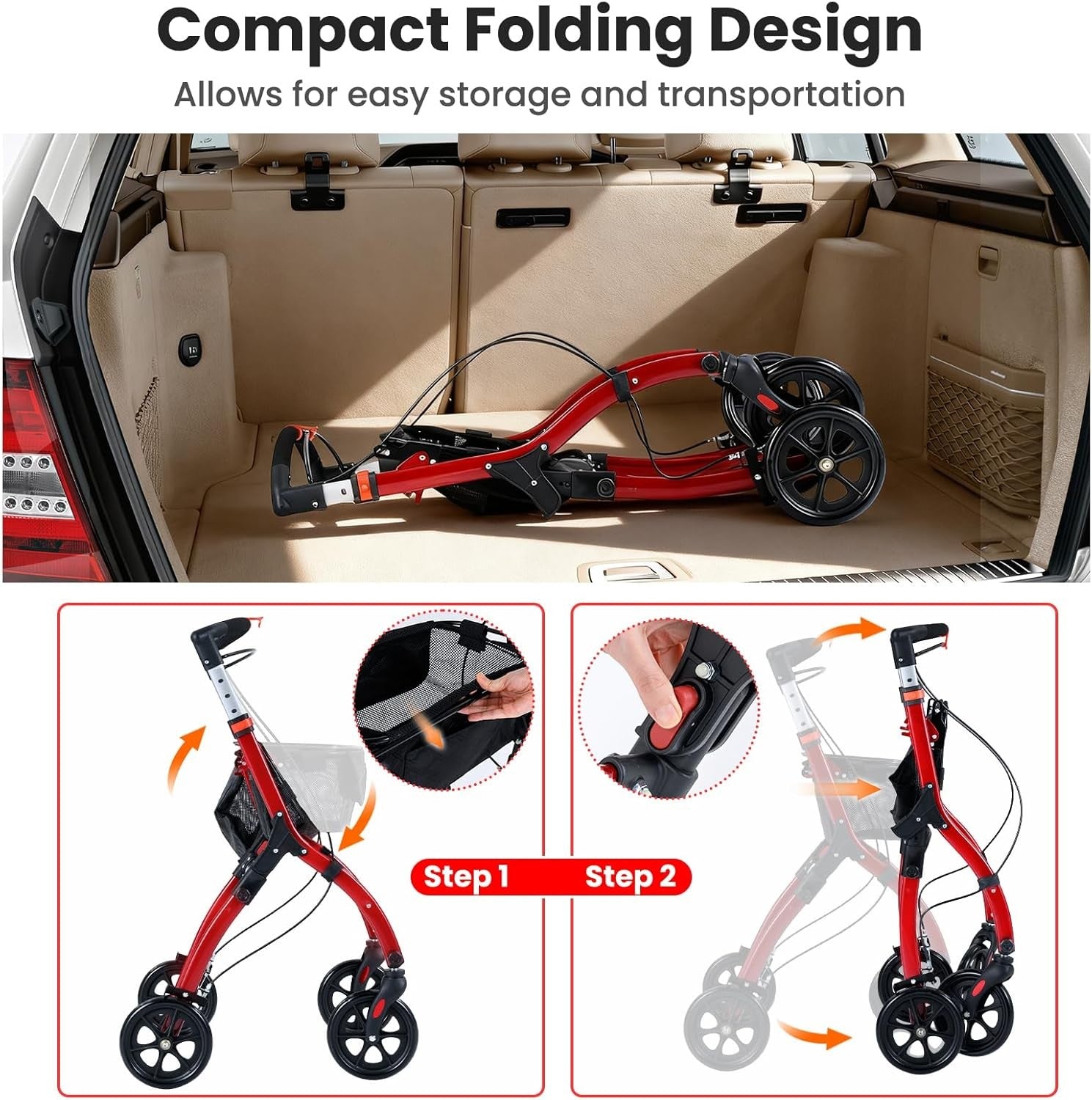 4 Wheel Rollator Walker Lightweight Folding Walking Brakes Tray