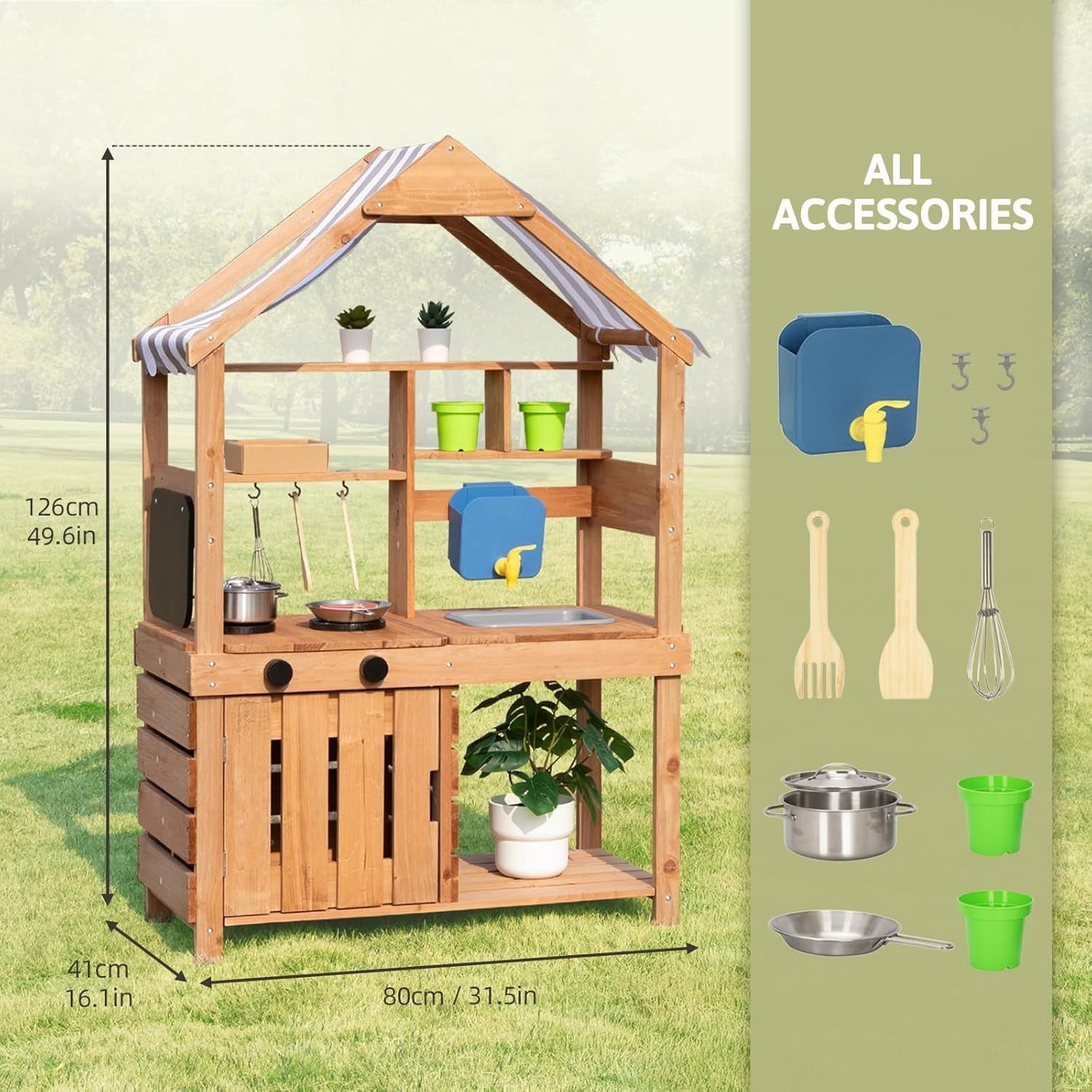 Outdoor Mud Kitchen Kids Wooden Playset Canopy Water Tank Garden