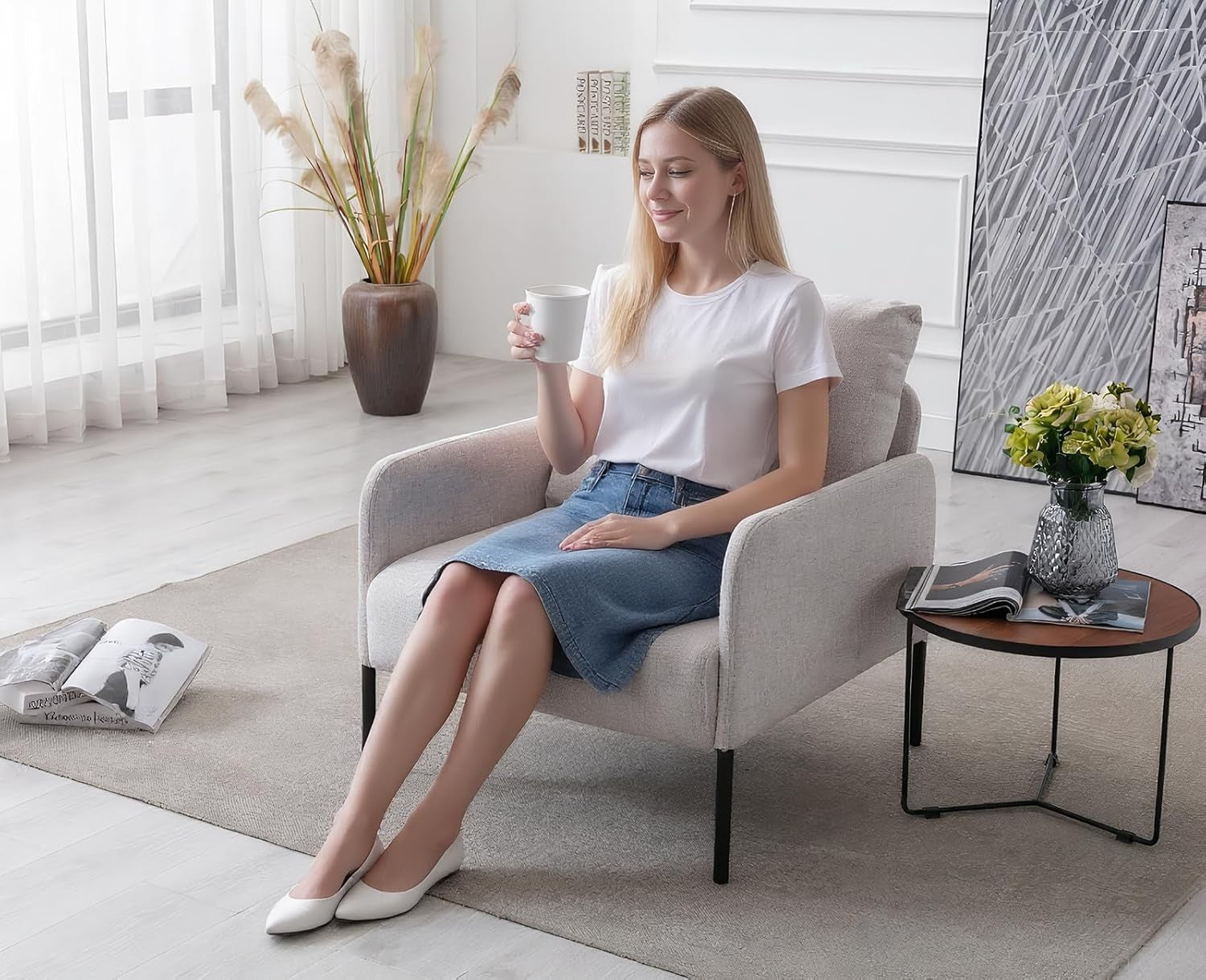 Modern Accent Armchair Beige Linen Lounge Chair Metal Legs