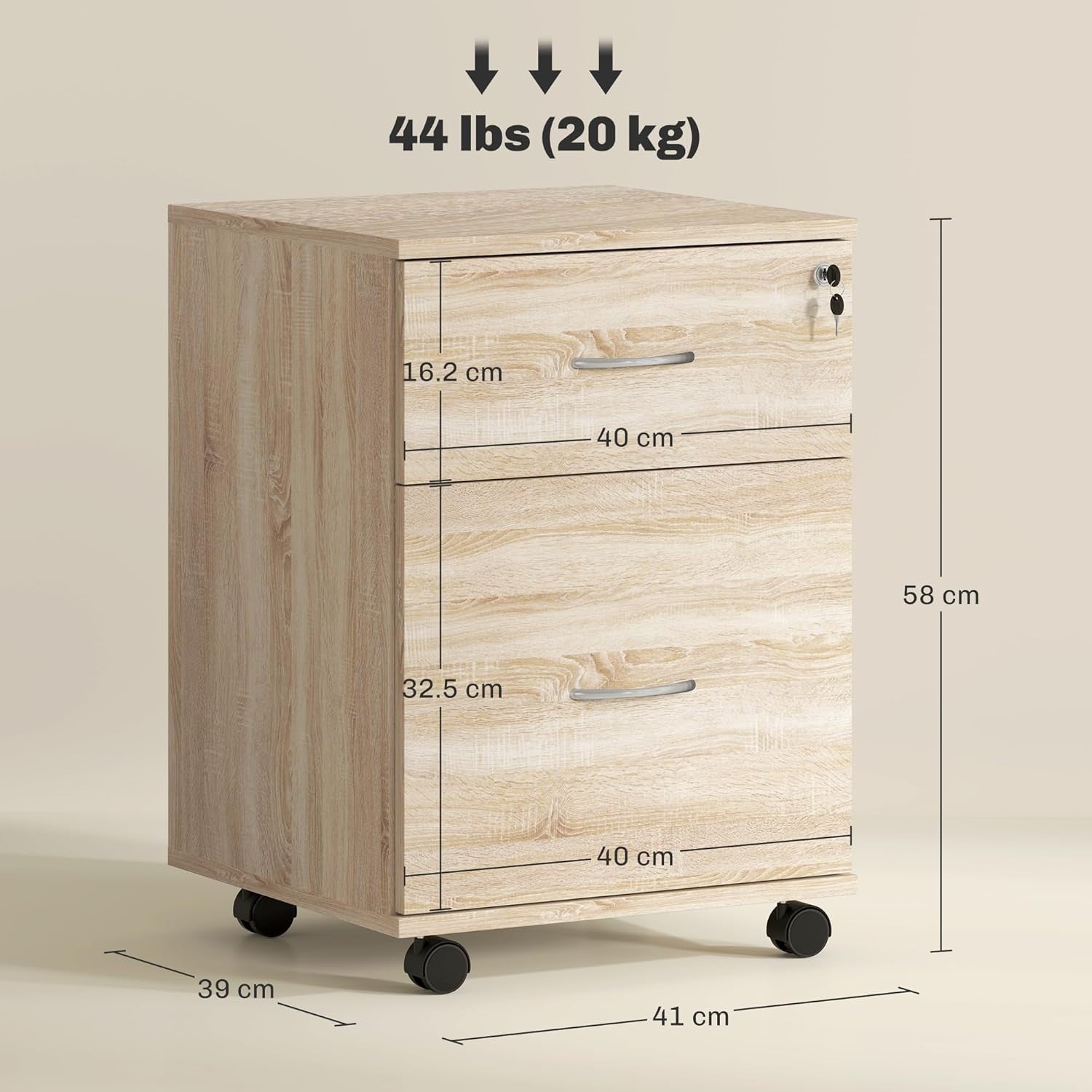 Oak Effect Locking Rolling File Cabinet 2 Drawer Under Desk Printer Unit