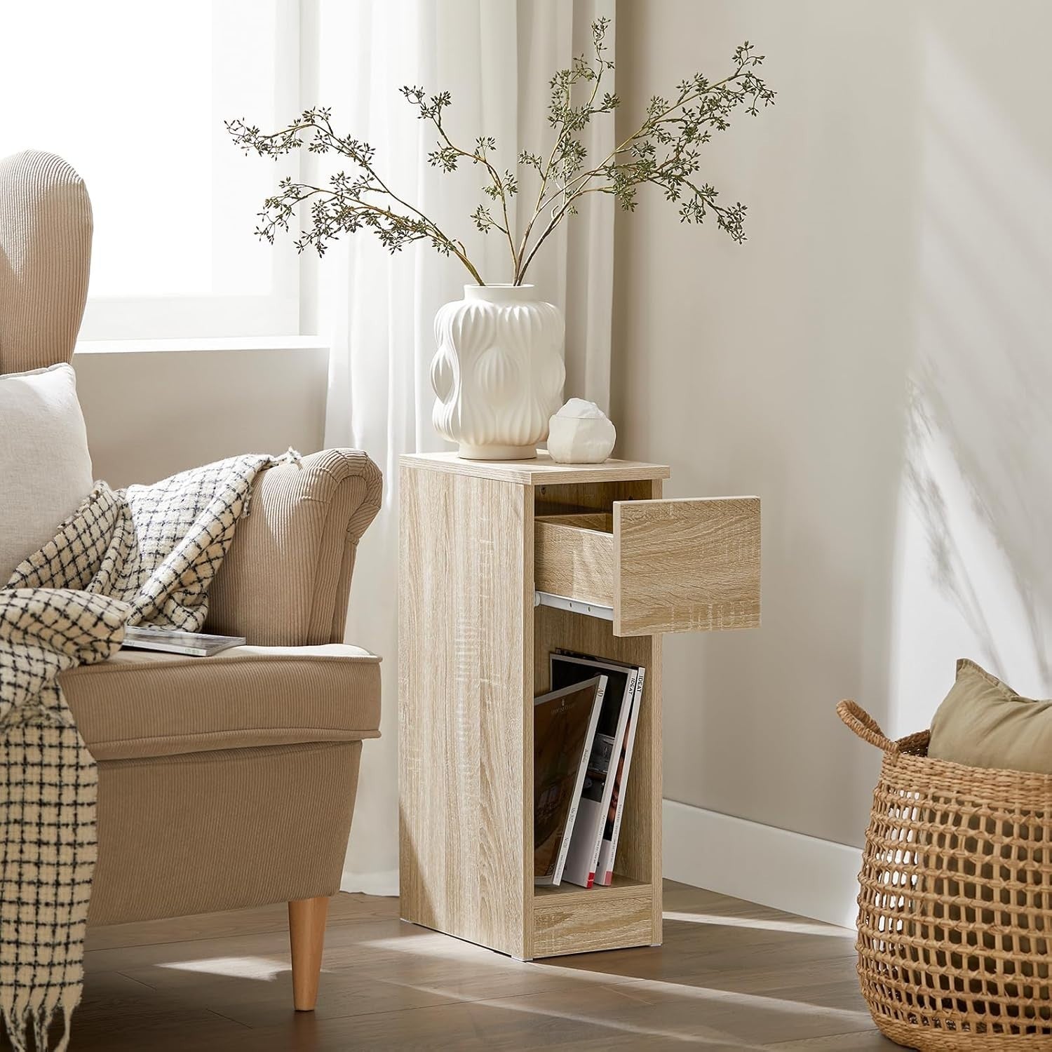 Set of 2 Oak Effect Slim Bedside Tables with Drawer & Shelf | Modern