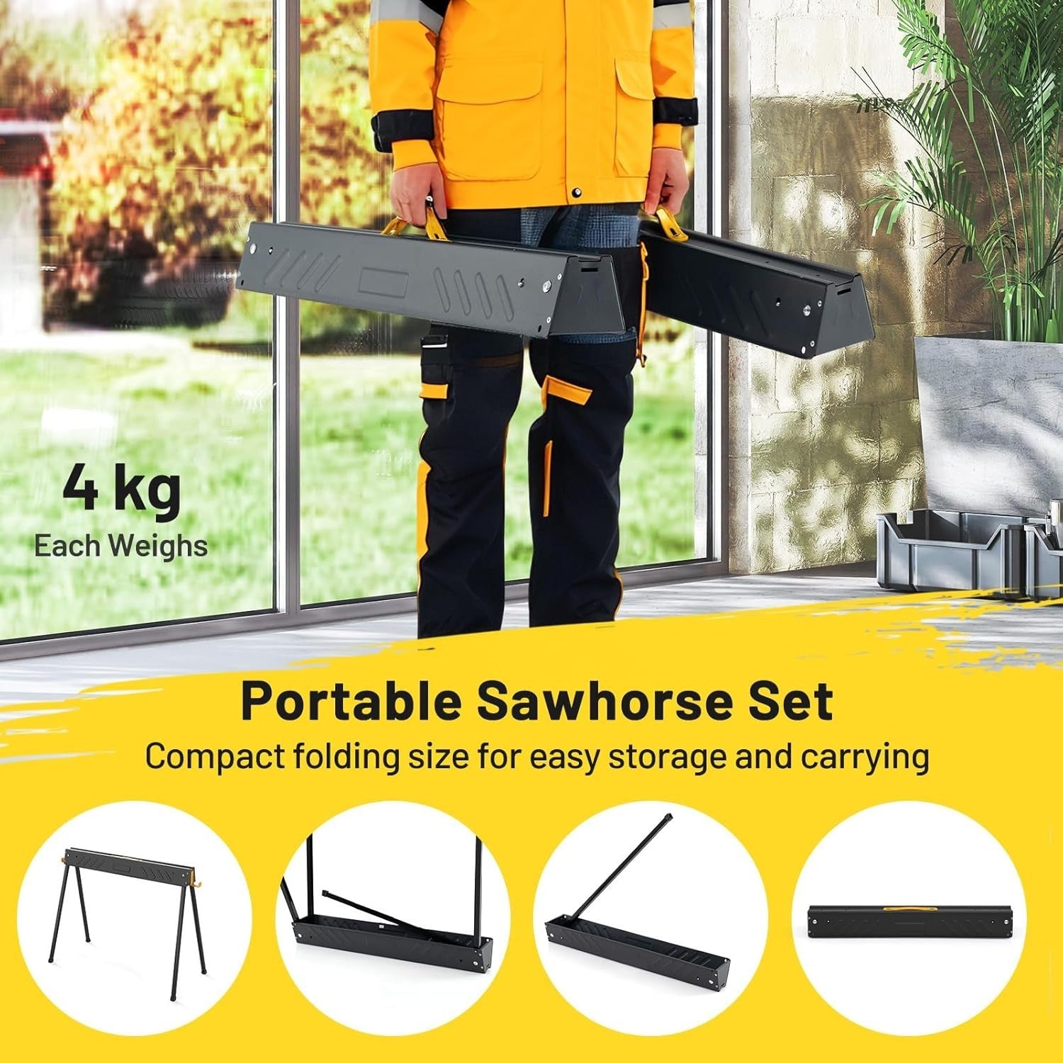 Folding Sawhorse Twin Pack Heavy Duty 1000kg 2x4 Support Arms Black 94x47