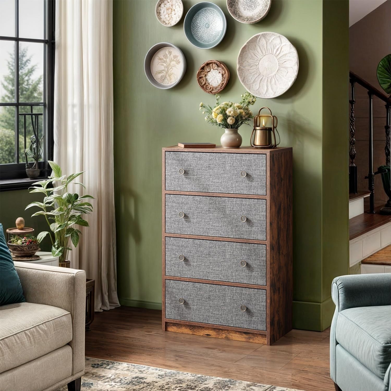 4 Drawer Fabric Chest Grey Rustic Wood Storage Unit for Bedroom Hallway