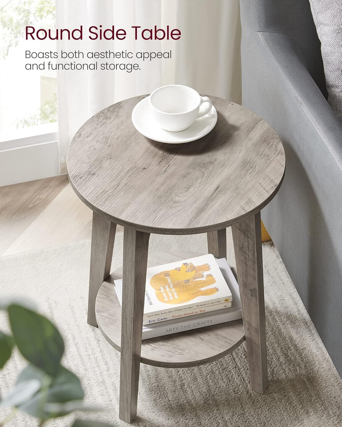 Small Round Side Table with Shelf, Space-Saving Bedside End Table, Wood Look