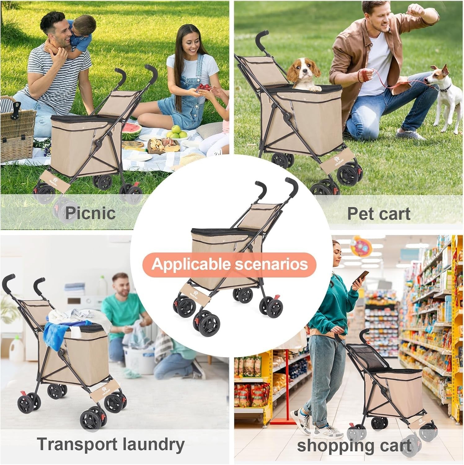 Collapsible Folding Utility Wagon Heavy Duty Outdoor Cart 60lb Capacity Khaki