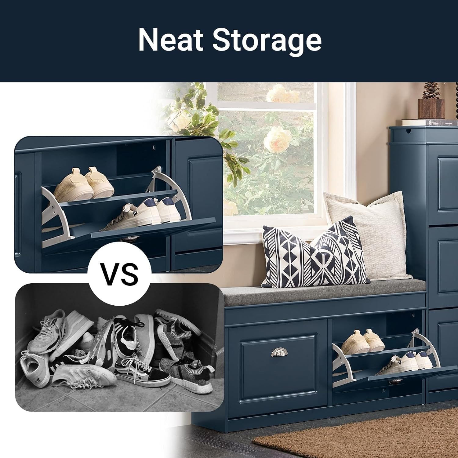 Flip-Drawer Shoe Storage Bench with Cushion Seat – Compact Hallway Organizer Blu